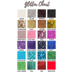 Glitter Chart detailing all the beautiful coloured glitter options we have available.