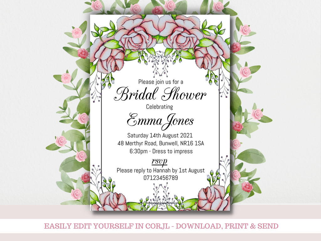 Floral Pink Bridal Shower Digital Invitation Template - KLC Creation