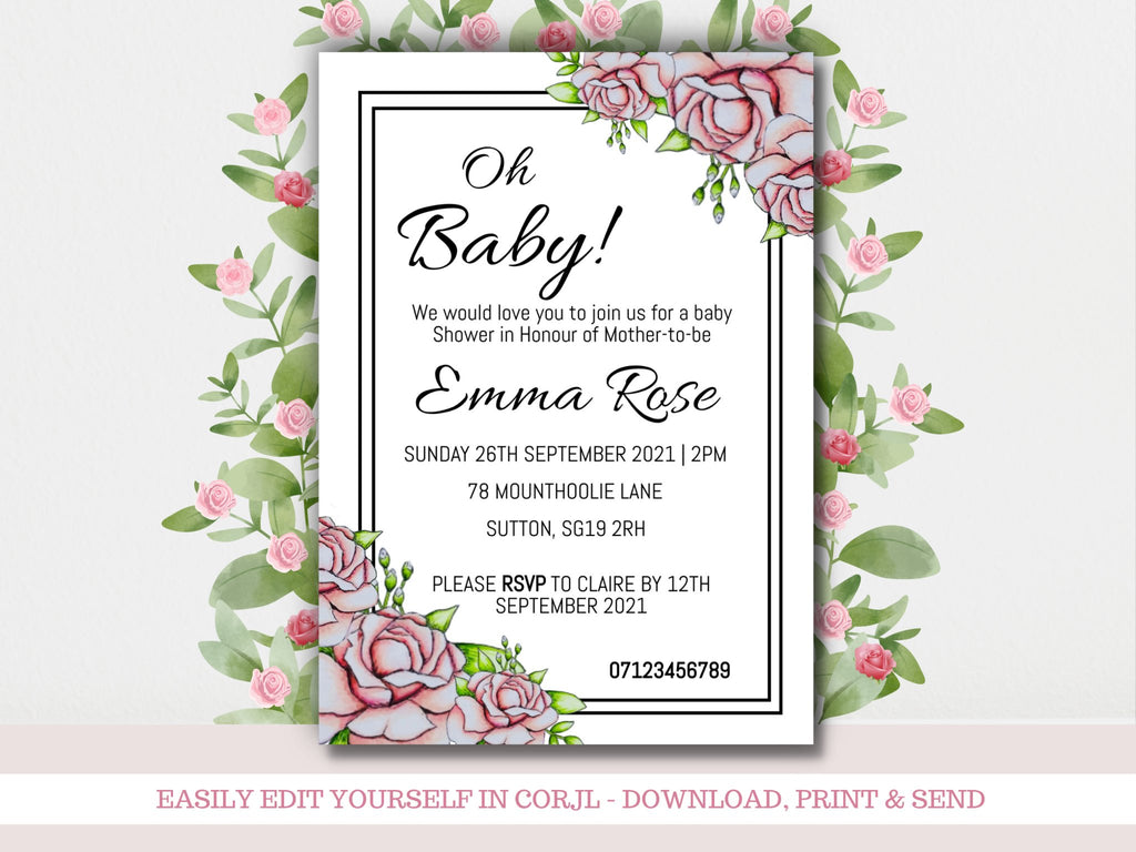 Pink Floral Baby Shower Digital Invitation Template - KLC Creation