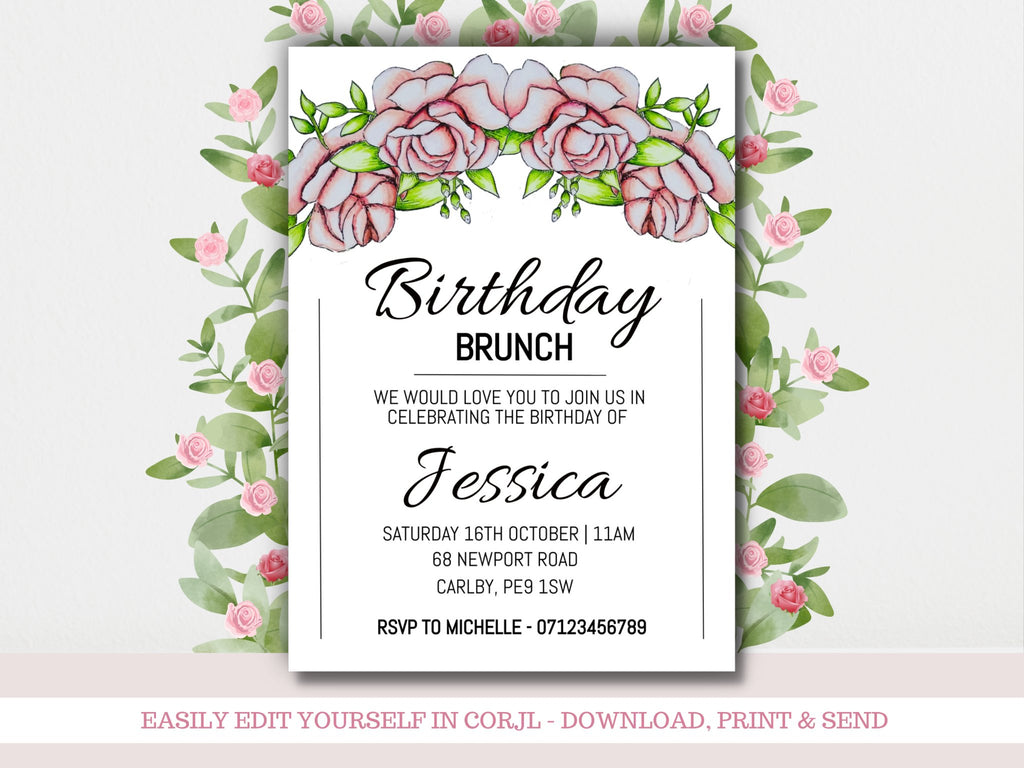 Pink Floral Birthday Brunch Digital Invitation Template - KLC Creation