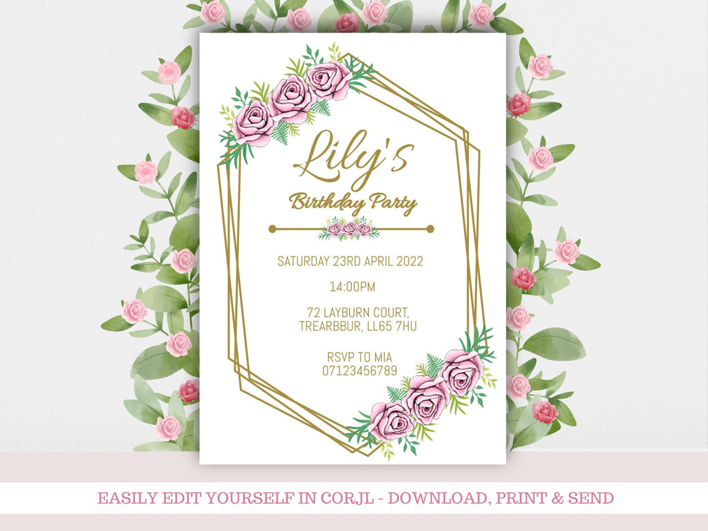 Pink Floral Birthday Party Digital Invitation Template - KLC Creation