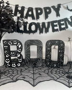 Load image into Gallery viewer, Black BOO Letters Decorated with white Pumpkin Faces, Spider Webs &amp; Ghosts. Halloween Party Sign Decor. Freestanding Letters
