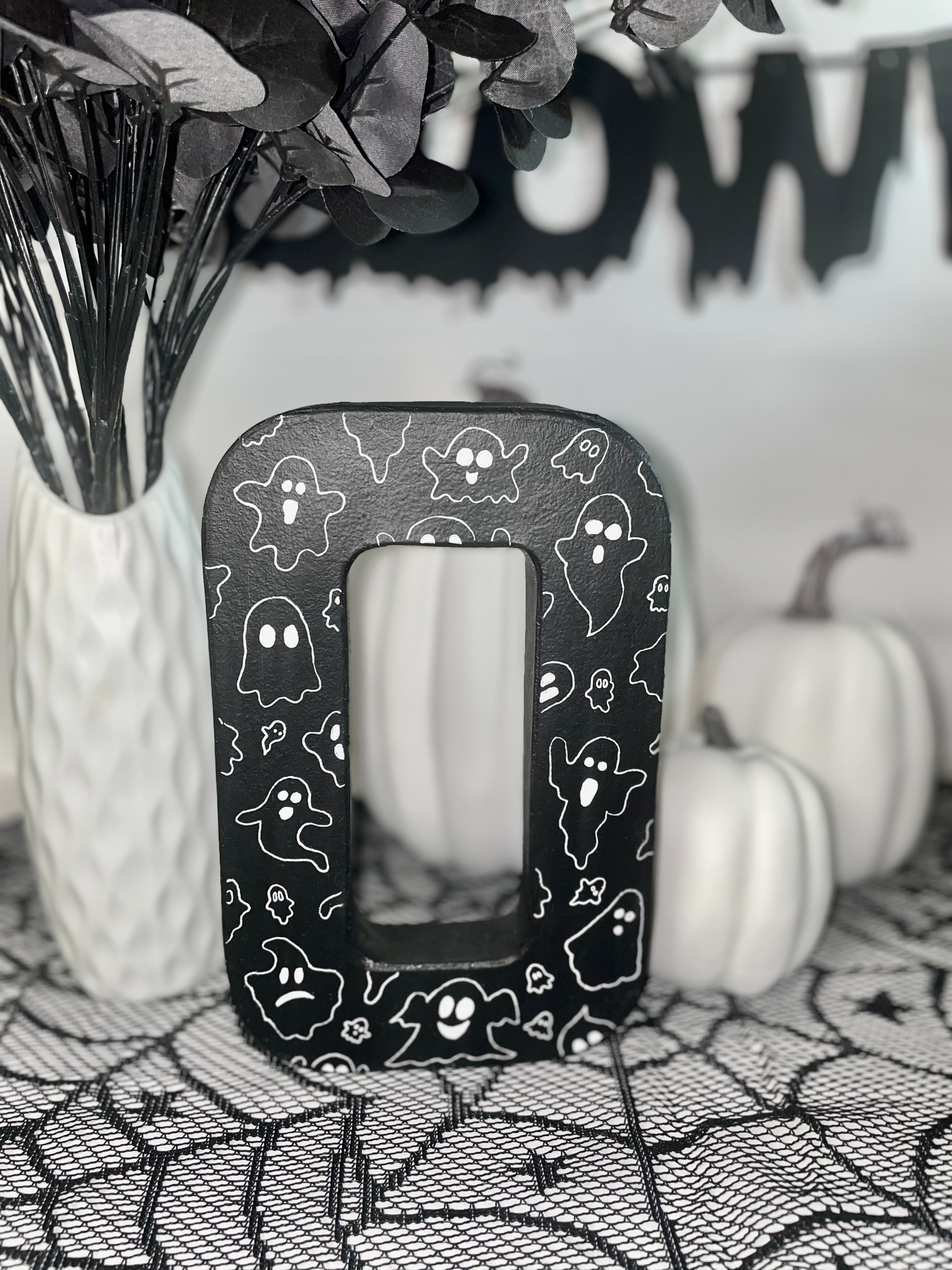Black Letter B Decorated with white Ghosts. Handmade Halloween Decor. Freestanding Letters