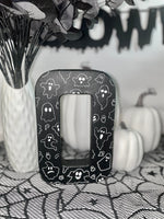 Load image into Gallery viewer, Black Letter B Decorated with white Ghosts. Handmade Halloween Decor. Freestanding Letters
