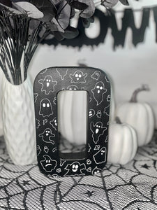 Black Letter B Decorated with white Ghosts. Handmade Halloween Decor. Freestanding Letters