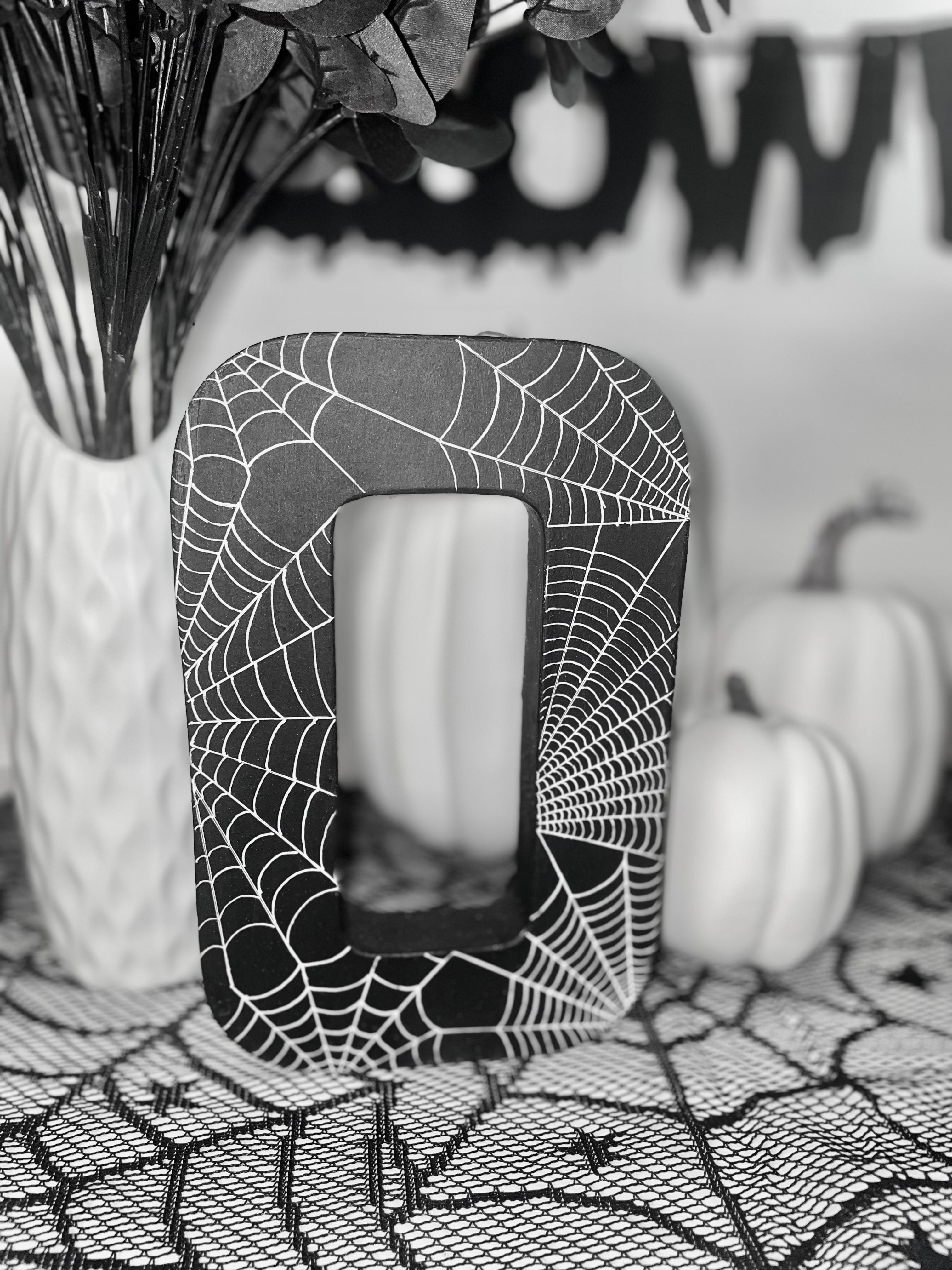 Black Letter B Decorated with white Cobwebs. Handmade Halloween Decor. Freestanding Letters