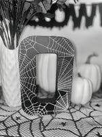 Load image into Gallery viewer, Black Letter B Decorated with white Cobwebs. Handmade Halloween Decor. Freestanding Letters
