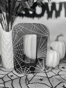 Black Letter B Decorated with white Cobwebs. Handmade Halloween Decor. Freestanding Letters