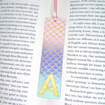 Load image into Gallery viewer, Mermaid Initial Bookmark, Pink Ombre Page Saver, Small Birch Plywood Rectangle Bookmark
