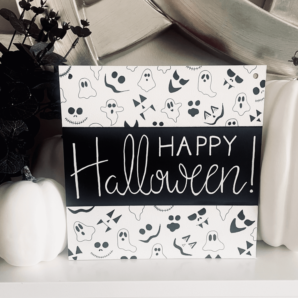 Black & White Happy Halloween Square Sign - KLC Creation