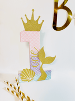 Load image into Gallery viewer, Mermaid themed number &#39;1&#39; with a gold glitter crown and tail on a white background
