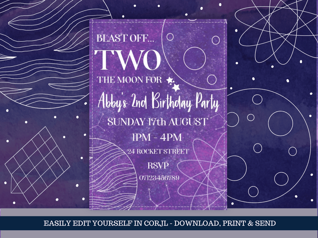 Purple Blast Off To The Moon Digital Invitation - KLC Creation