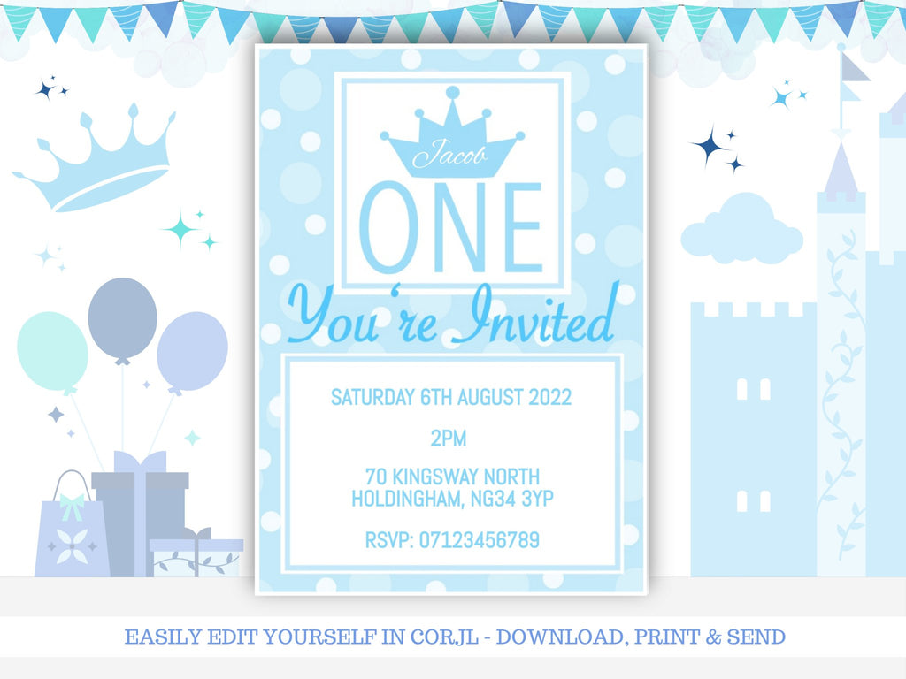 First Birthday Digital Invitation Template Baby Blue Polka Dot - KLC Creation