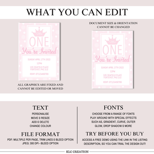 First Birthday Digital Invitation Template Pink Polka Dot - KLC Creation