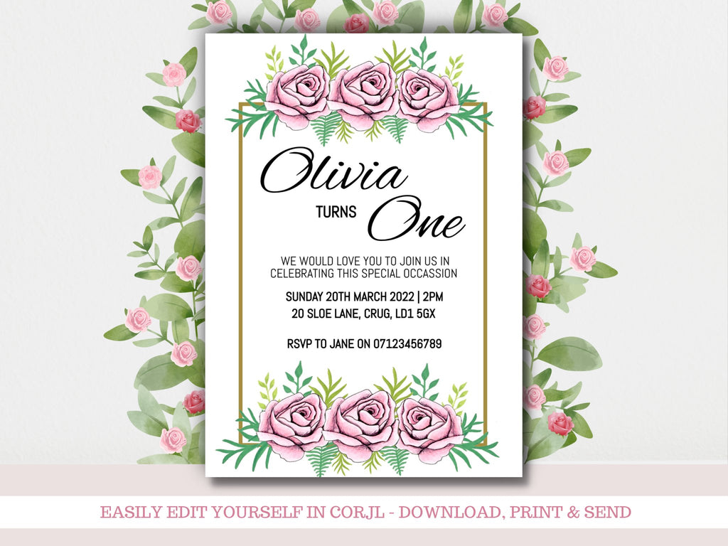 Girls 1st Birthday Floral Digital Invitation Template - KLC Creation