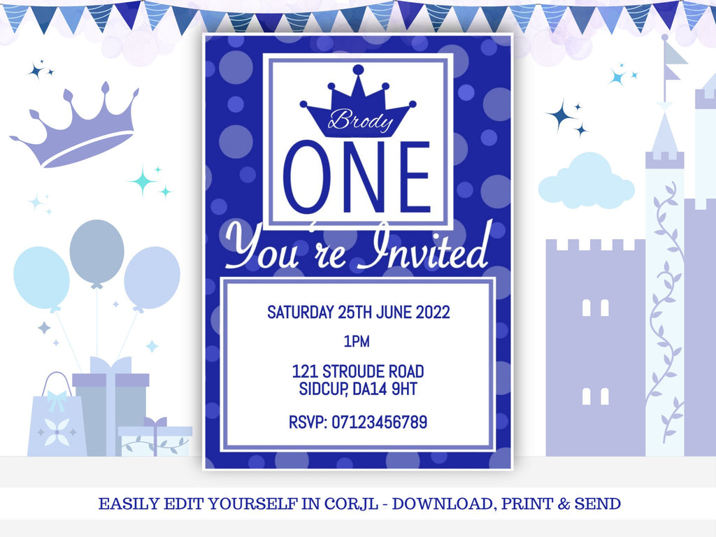 Navy Blue 1st Birthday Digital Invitation Template - KLC Creation