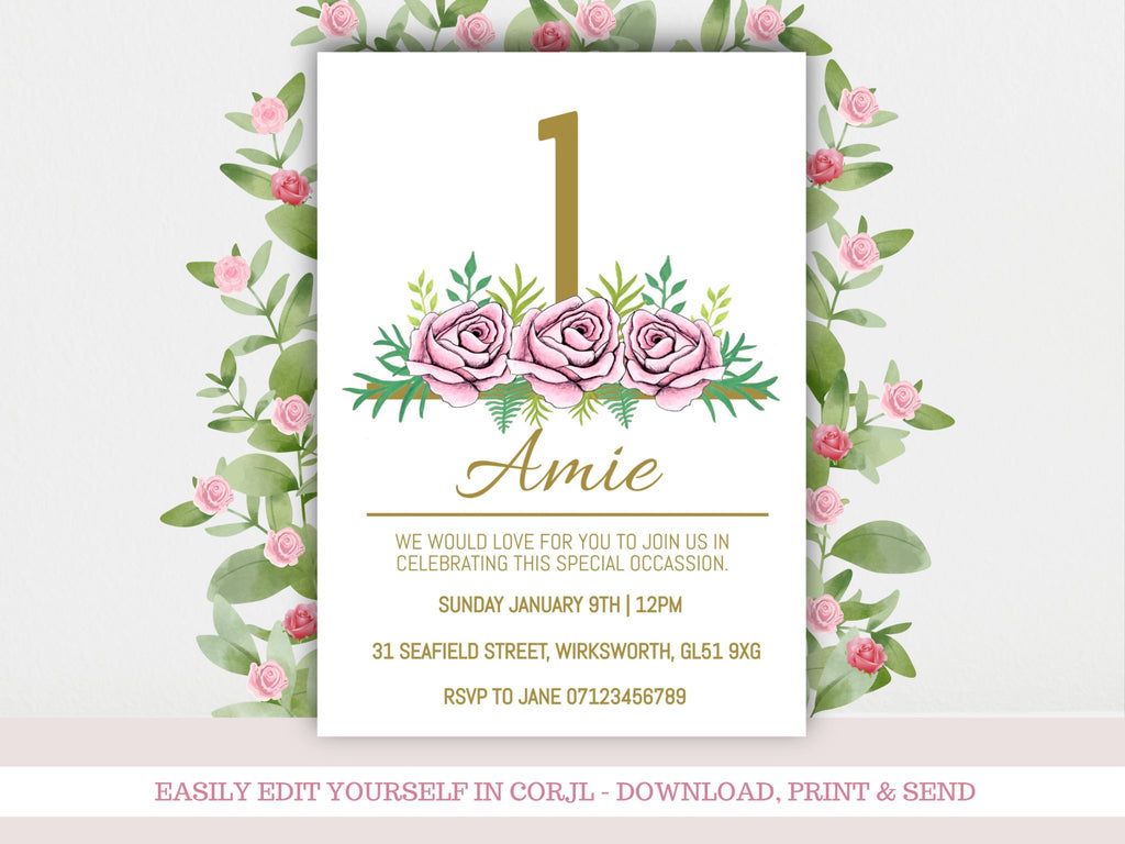 Pink & Gold 1st Birthday Digital Invitation Template - KLC Creation