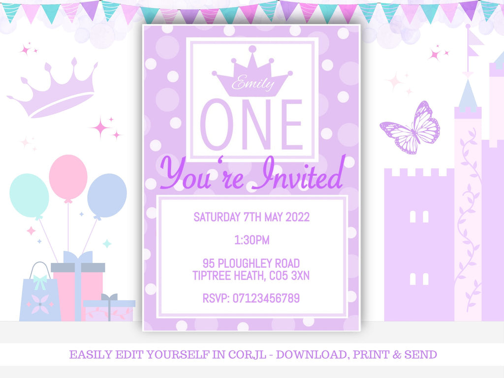 Purple Polka Dot 1st Birthday Digital Invitation Template - KLC Creation