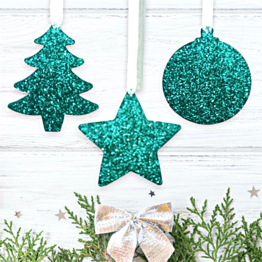 Set of Teal Green Glitter Bauble Decorations - KLC Creation