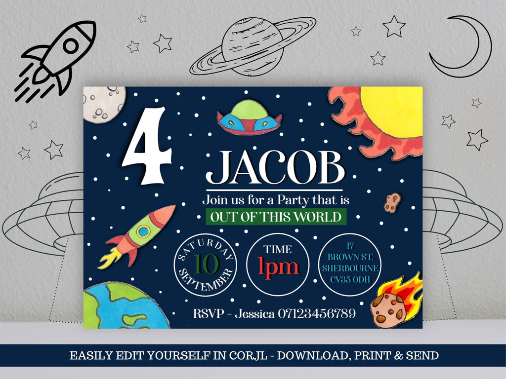 Space Birthday Party Editable Digital Invitation Template - KLC Creation